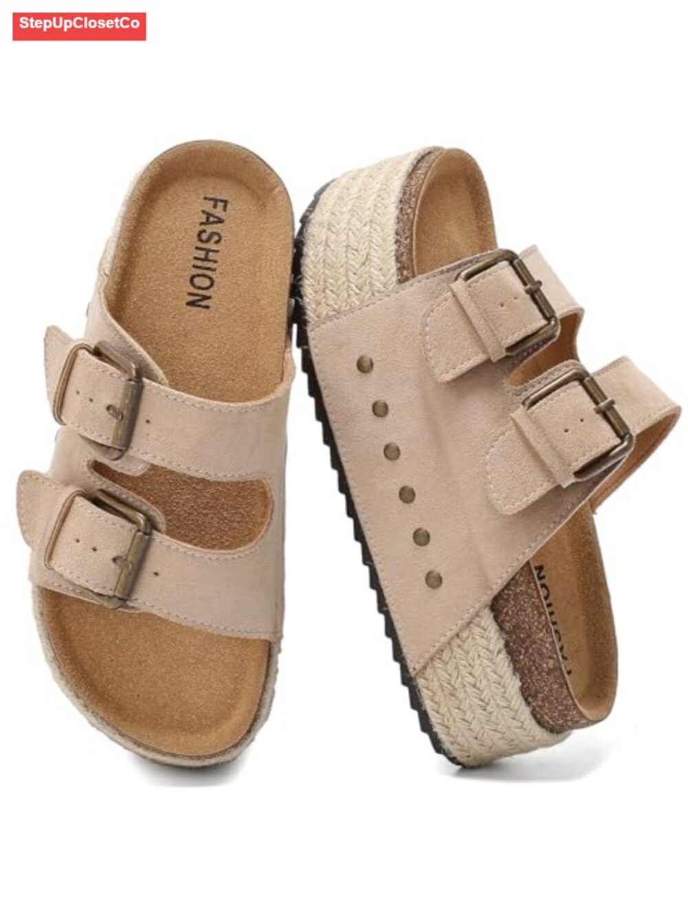 Platform Sandals Cork Footbed Double Buckles Espadrilles Chunky Wedges Slides